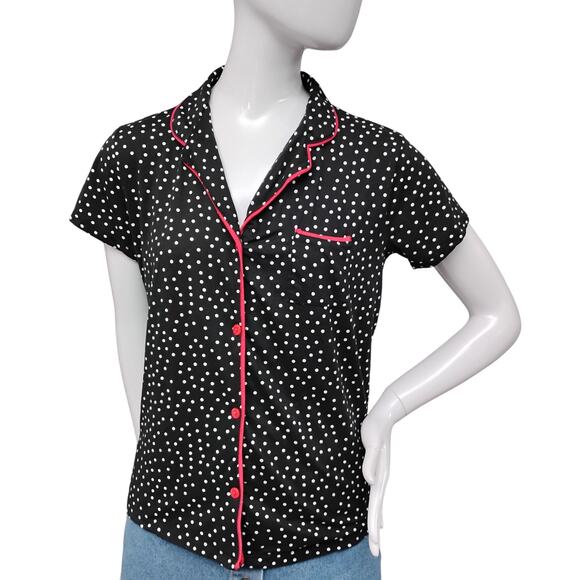 Joan Vass Pajama Tops Size Medium Black and White Polka Dot Button Down - Picture 2 of 8